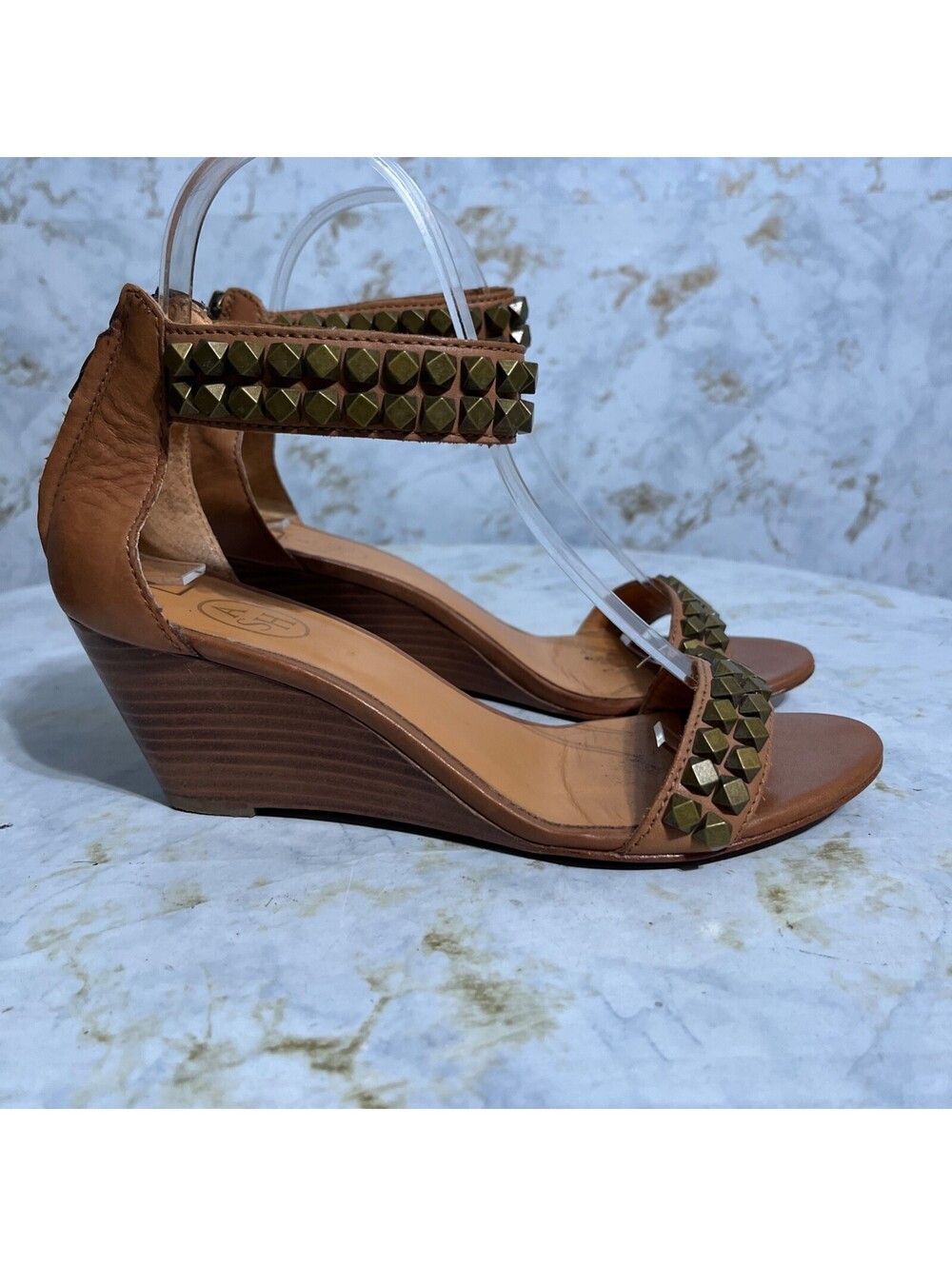 ASH 37 Diamond Womens Size 6.5 Shoes Brown Leather Zip Up Open Toe Wedge Sandals